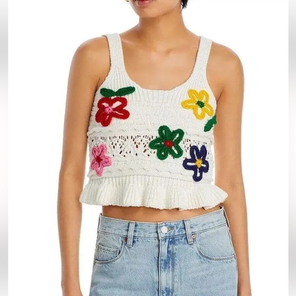BLANK NYC Kickin Back Floral Sleeveless Crochet Crop Tank Top White Womens S